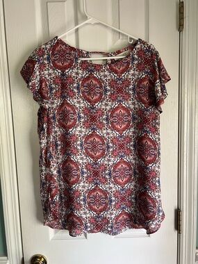 LOFT Coral and Blue Medallion Flutter Sleeve Blouse